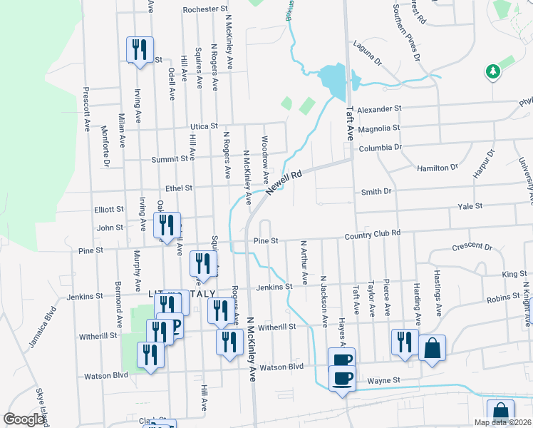 map of restaurants, bars, coffee shops, grocery stores, and more near 1612 Newell Road in Endicott