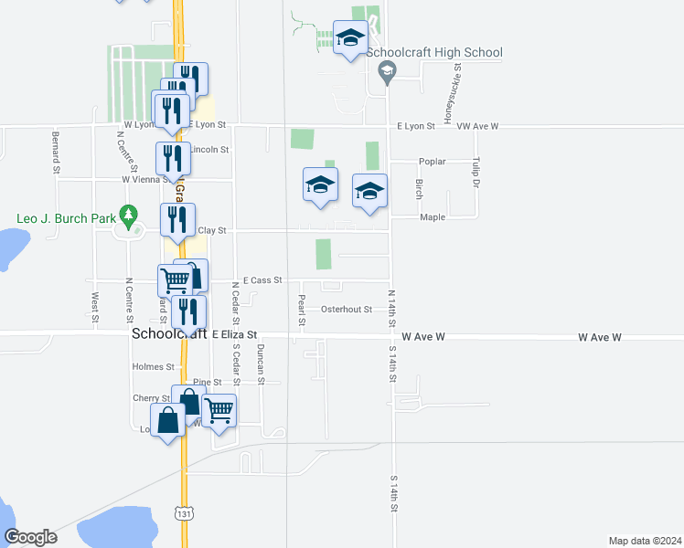 map of restaurants, bars, coffee shops, grocery stores, and more near 613 East Cass Street in Schoolcraft