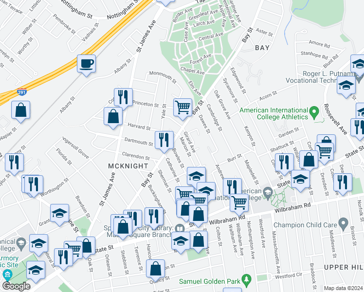 map of restaurants, bars, coffee shops, grocery stores, and more near 180 Marion Street in Springfield
