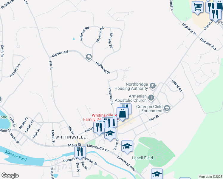 map of restaurants, bars, coffee shops, grocery stores, and more near 76 Prospect Street in Northbridge
