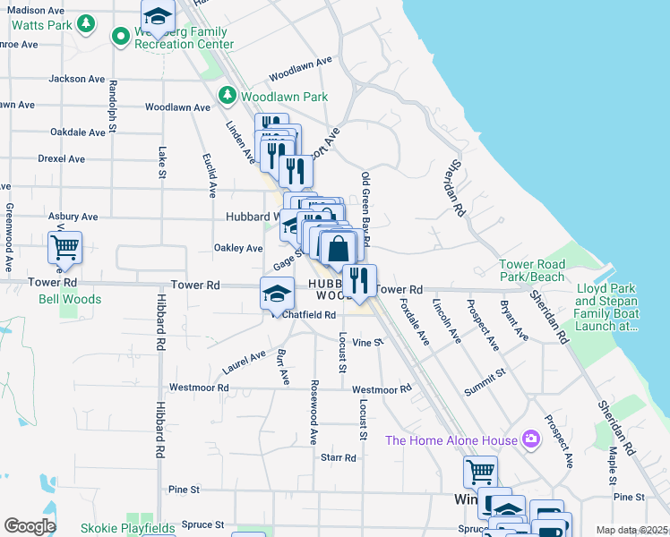 map of restaurants, bars, coffee shops, grocery stores, and more near 909 Green Bay Road in Winnetka
