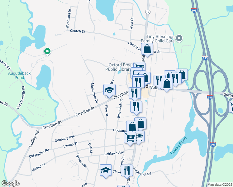 map of restaurants, bars, coffee shops, grocery stores, and more near 12 Bird Court in Oxford