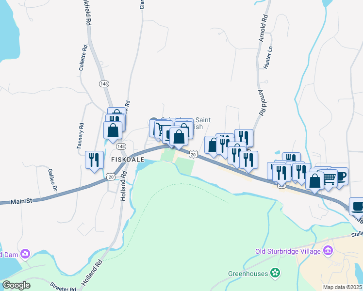 map of restaurants, bars, coffee shops, grocery stores, and more near 10 Bates Court in Sturbridge