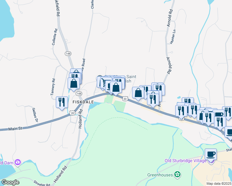 map of restaurants, bars, coffee shops, grocery stores, and more near 10 Bates Court in Sturbridge