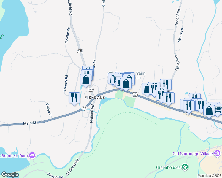 map of restaurants, bars, coffee shops, grocery stores, and more near 5 High Street in Sturbridge