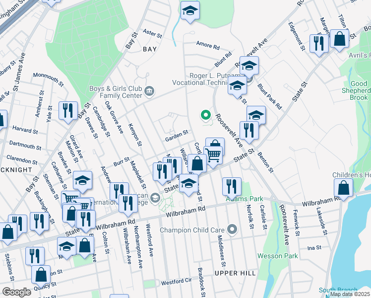 map of restaurants, bars, coffee shops, grocery stores, and more near 84 Willard Avenue in Springfield
