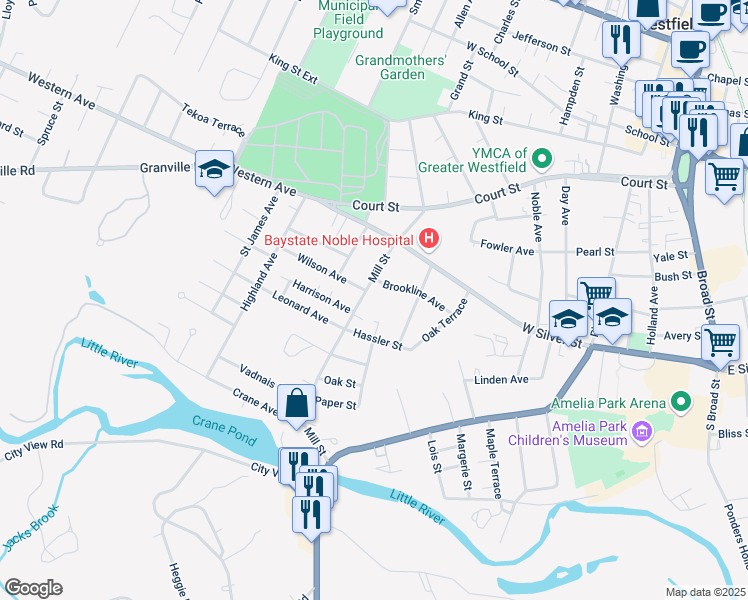 map of restaurants, bars, coffee shops, grocery stores, and more near 18 Mill Street in Westfield