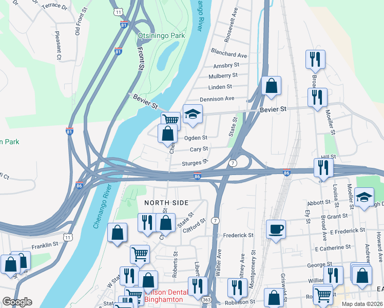 map of restaurants, bars, coffee shops, grocery stores, and more near 18 Ogden Street in Binghamton