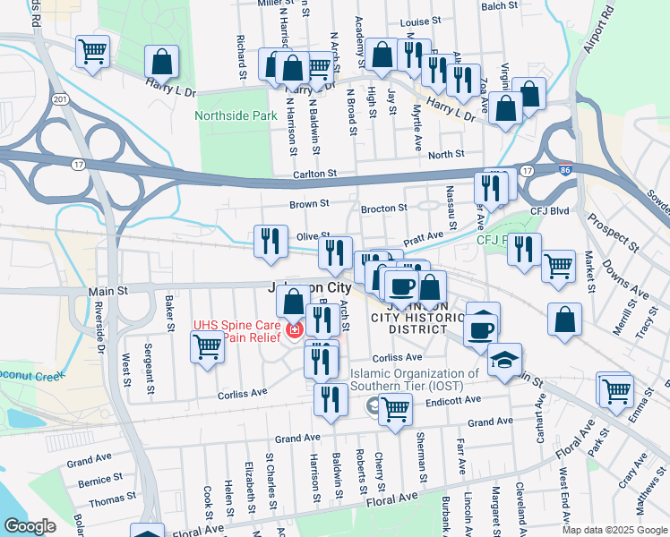 map of restaurants, bars, coffee shops, grocery stores, and more near Arch Street Overpass in Johnson City