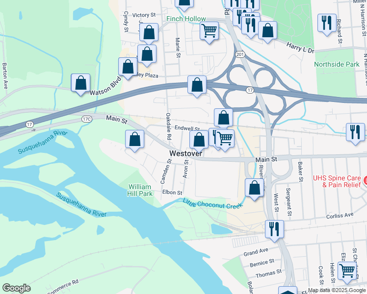 map of restaurants, bars, coffee shops, grocery stores, and more near 35 Frederick Street in Johnson City