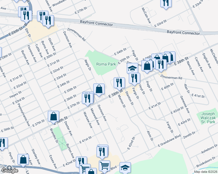 map of restaurants, bars, coffee shops, grocery stores, and more near 3611 Roma Drive in Erie