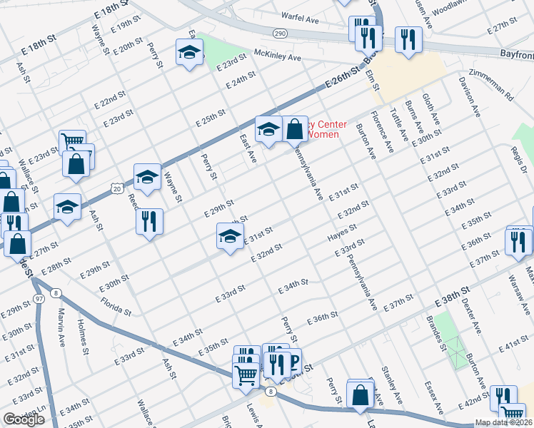 map of restaurants, bars, coffee shops, grocery stores, and more near 2926 East Avenue in Erie