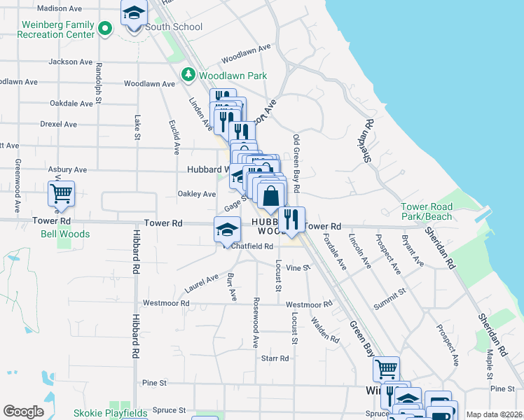 map of restaurants, bars, coffee shops, grocery stores, and more near 918 Green Bay Road in Winnetka