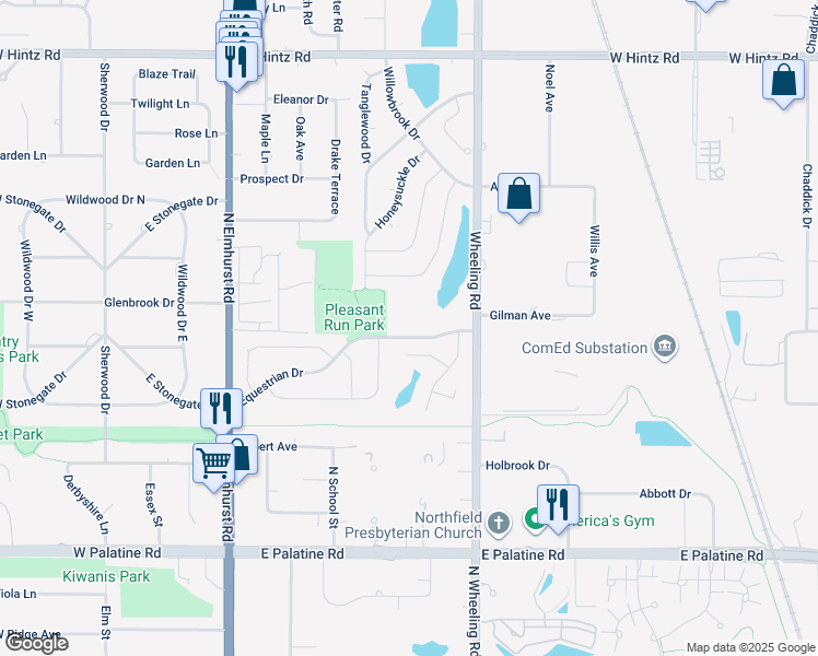 map of restaurants, bars, coffee shops, grocery stores, and more near 540 Pleasant Run Drive in Wheeling
