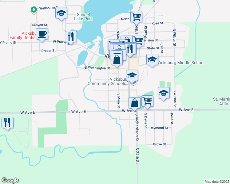 map of restaurants, bars, coffee shops, grocery stores, and more near 318 South Main Street in Vicksburg