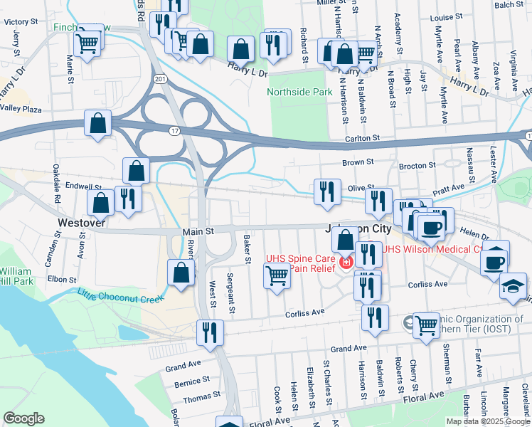 map of restaurants, bars, coffee shops, grocery stores, and more near 24 1st Street in Johnson City