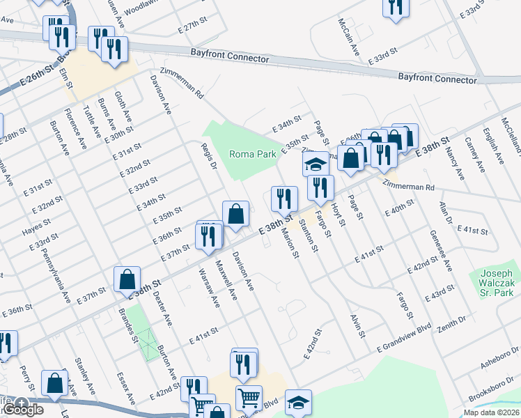 map of restaurants, bars, coffee shops, grocery stores, and more near 3611 Roma Drive in Erie