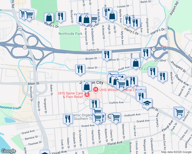 map of restaurants, bars, coffee shops, grocery stores, and more near 307 Main Street in Johnson City
