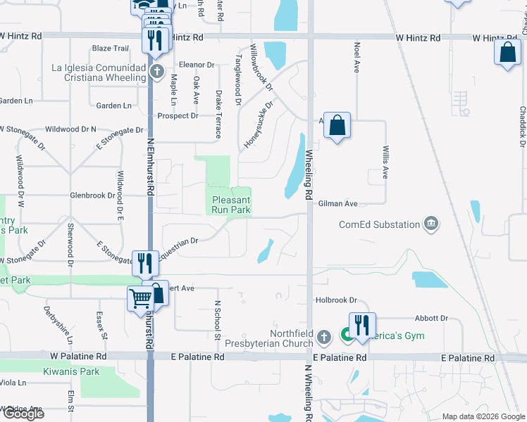 map of restaurants, bars, coffee shops, grocery stores, and more near 486 Pleasant Run Drive in Wheeling