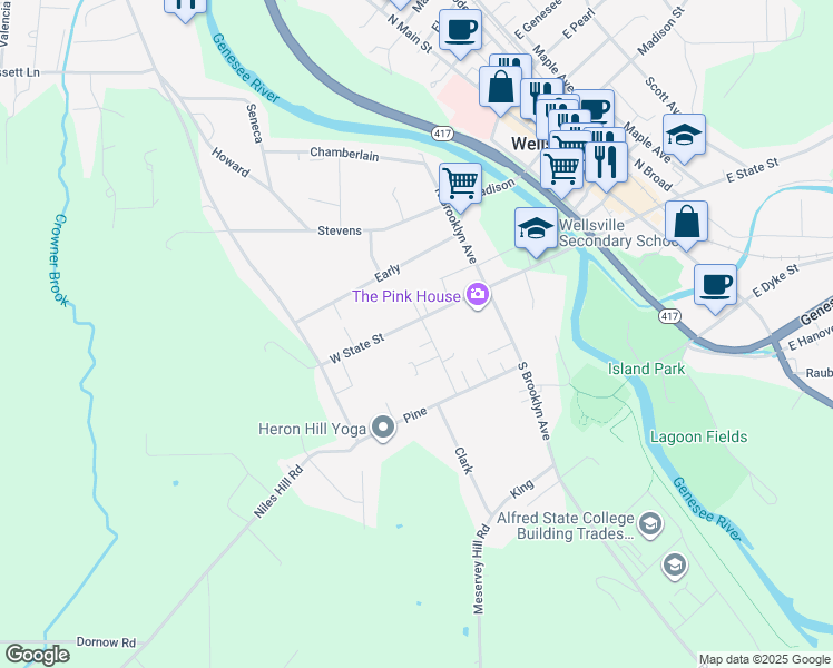 map of restaurants, bars, coffee shops, grocery stores, and more near 262 West State Street in Wellsville