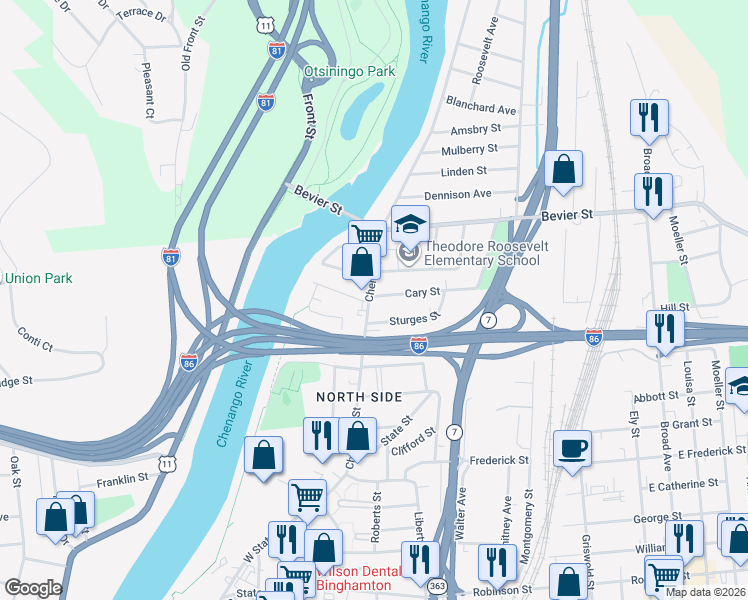 map of restaurants, bars, coffee shops, grocery stores, and more near 498 Chenango Street in Binghamton