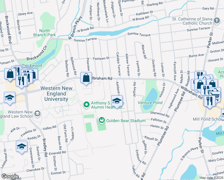 map of restaurants, bars, coffee shops, grocery stores, and more near 45 Jonquil Drive in Springfield