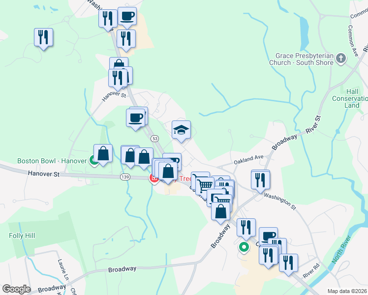 map of restaurants, bars, coffee shops, grocery stores, and more near 361 Washington St in Hanover