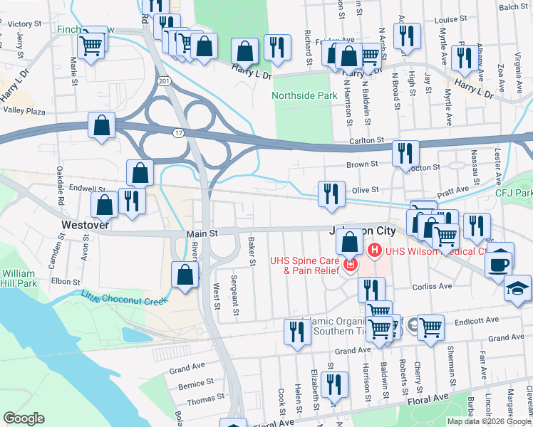 map of restaurants, bars, coffee shops, grocery stores, and more near 23 1st Street in Johnson City