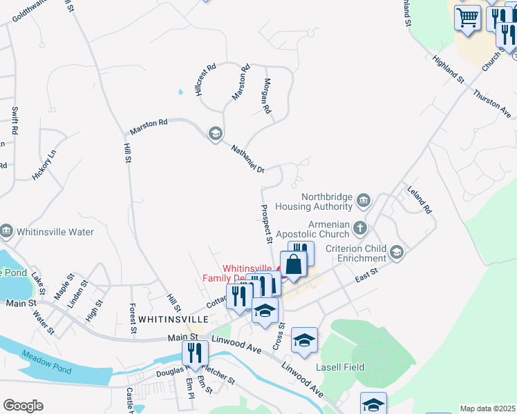 map of restaurants, bars, coffee shops, grocery stores, and more near 91 Prospect Street in Northbridge