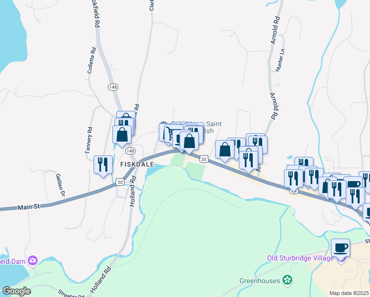 map of restaurants, bars, coffee shops, grocery stores, and more near 10 Bates Court in Sturbridge