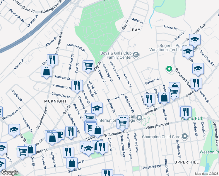 map of restaurants, bars, coffee shops, grocery stores, and more near 98 Cambridge Street in Springfield