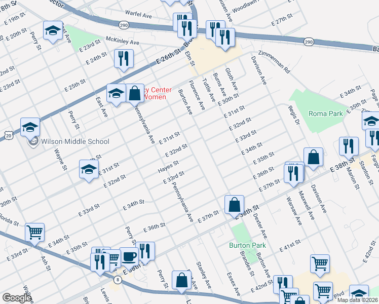 map of restaurants, bars, coffee shops, grocery stores, and more near 1209 E 32nd St in Erie
