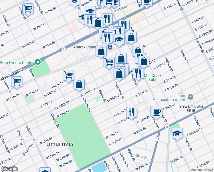 map of restaurants, bars, coffee shops, grocery stores, and more near 1710 Mobile Avenue in Erie