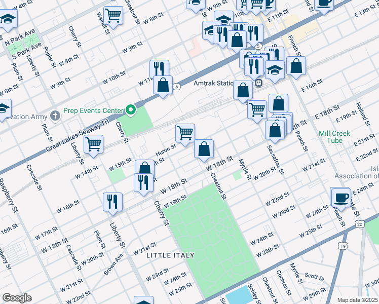 map of restaurants, bars, coffee shops, grocery stores, and more near 410 West 16th Street in Erie
