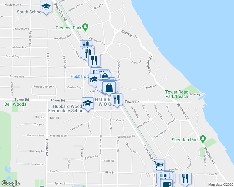 map of restaurants, bars, coffee shops, grocery stores, and more near 925 Tower Court in Winnetka