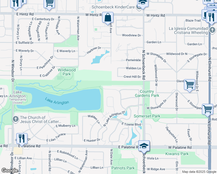 map of restaurants, bars, coffee shops, grocery stores, and more near 415 Crest Hill Drive in Prospect Heights