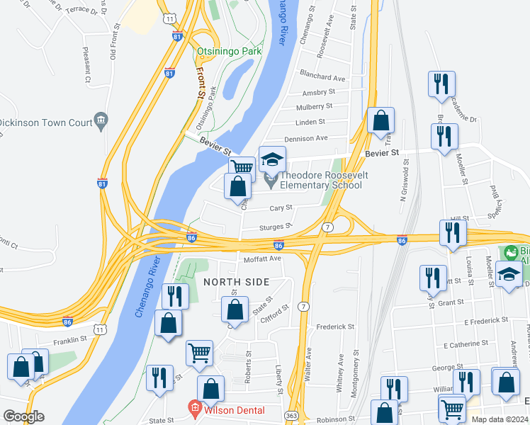 map of restaurants, bars, coffee shops, grocery stores, and more near 10 Cary Street in Binghamton