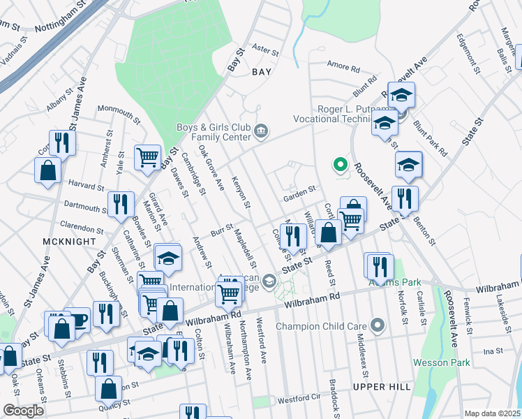 map of restaurants, bars, coffee shops, grocery stores, and more near 166 College Street in Springfield