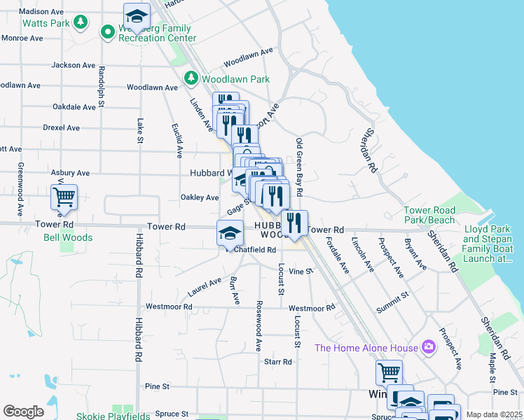 map of restaurants, bars, coffee shops, grocery stores, and more near 918 Green Bay Road in Winnetka