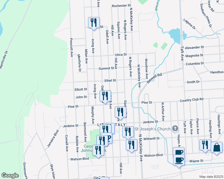 map of restaurants, bars, coffee shops, grocery stores, and more near 504 Odell Avenue in Endicott