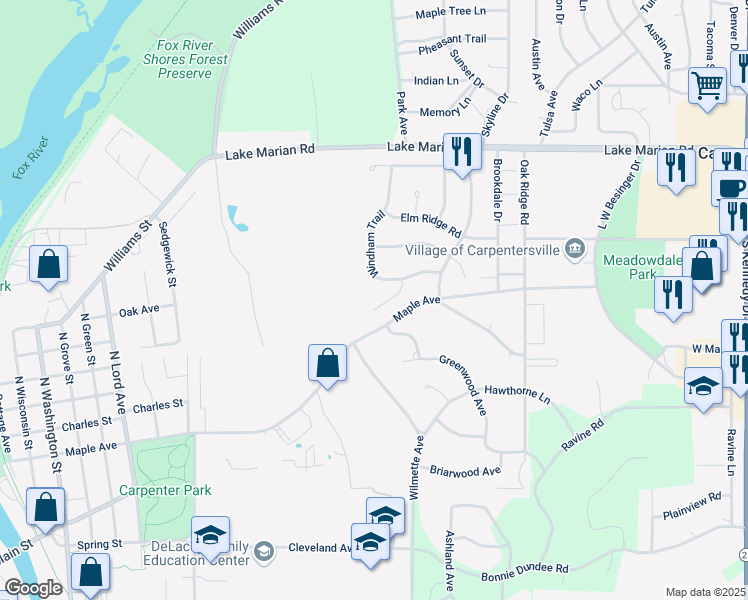 map of restaurants, bars, coffee shops, grocery stores, and more near 604 Deer Hill Court in Carpentersville