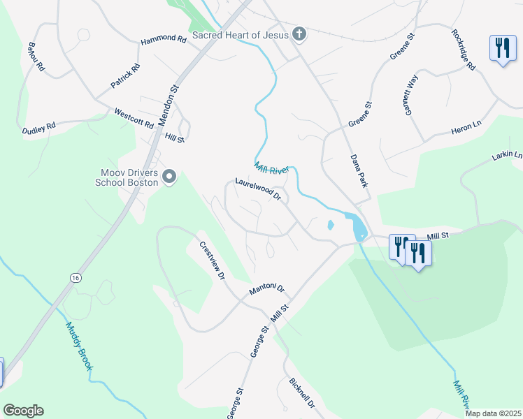 map of restaurants, bars, coffee shops, grocery stores, and more near 127 Laurelwood Drive in Hopedale