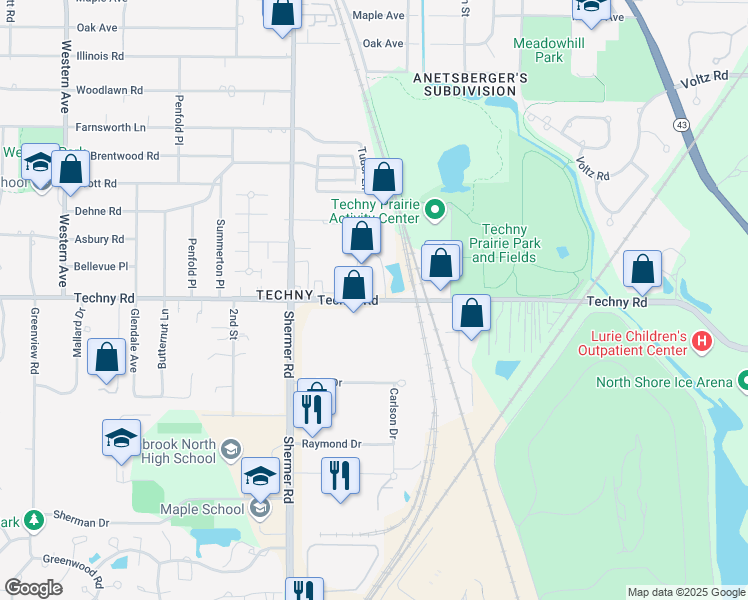 map of restaurants, bars, coffee shops, grocery stores, and more near 1910 Techny Road in Northbrook