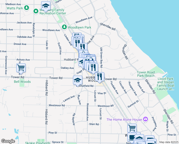 map of restaurants, bars, coffee shops, grocery stores, and more near 918 Green Bay Road in Winnetka