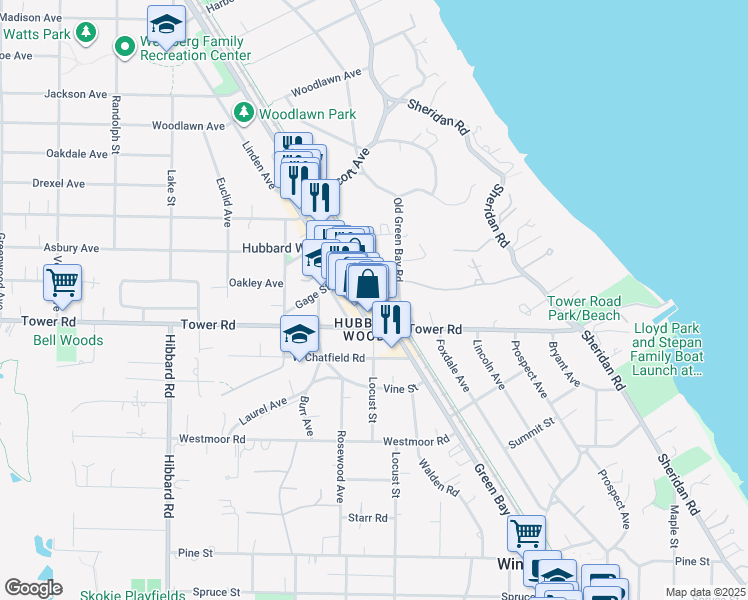 map of restaurants, bars, coffee shops, grocery stores, and more near 925 Tower Court in Winnetka