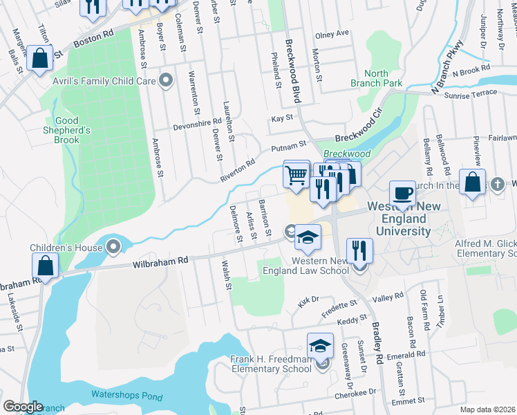 map of restaurants, bars, coffee shops, grocery stores, and more near 30 Lawton Street in Springfield