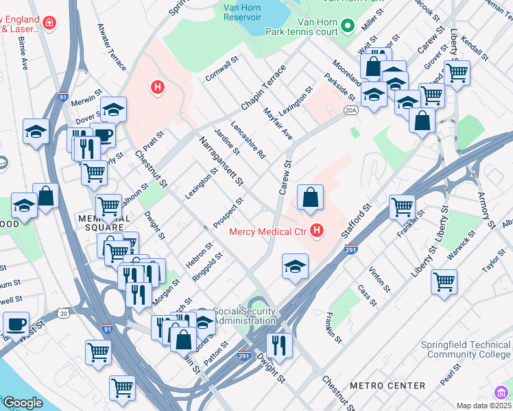 map of restaurants, bars, coffee shops, grocery stores, and more near 97-99 Prospect Street in Springfield