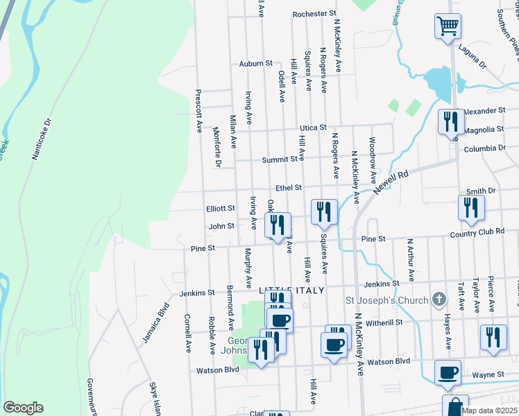map of restaurants, bars, coffee shops, grocery stores, and more near 516 Irving Avenue in Endicott