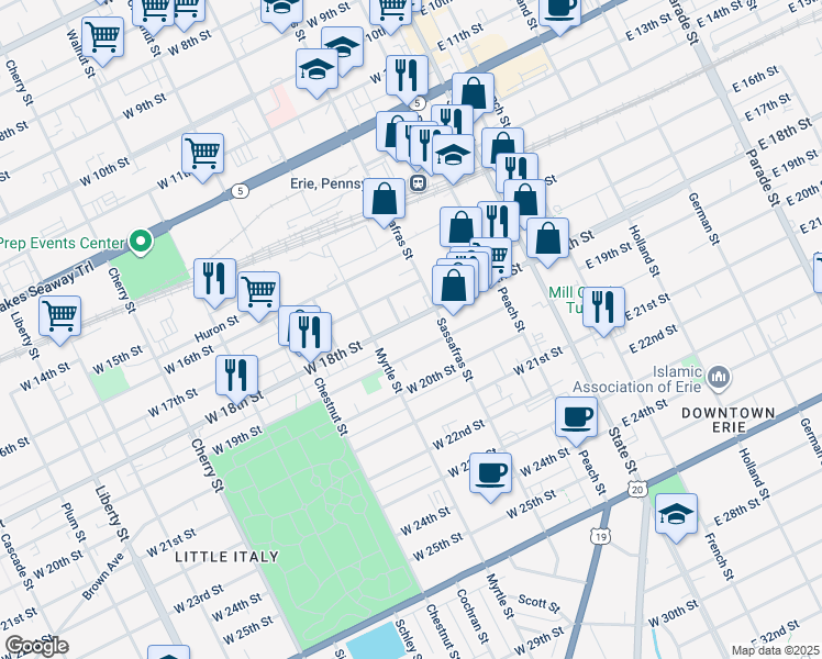 map of restaurants, bars, coffee shops, grocery stores, and more near 201-223 West 18th Street in Erie