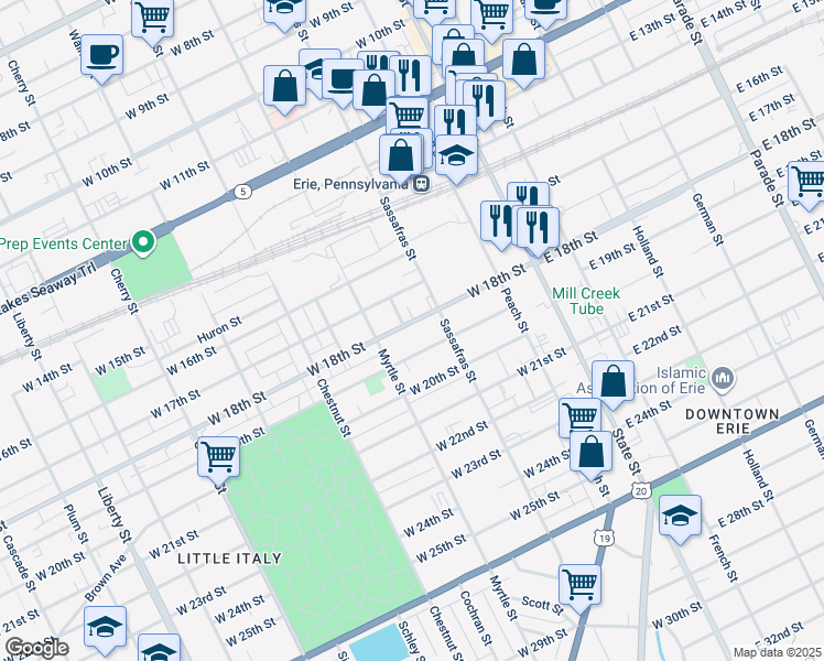 map of restaurants, bars, coffee shops, grocery stores, and more near 201-223 West 18th Street in Erie